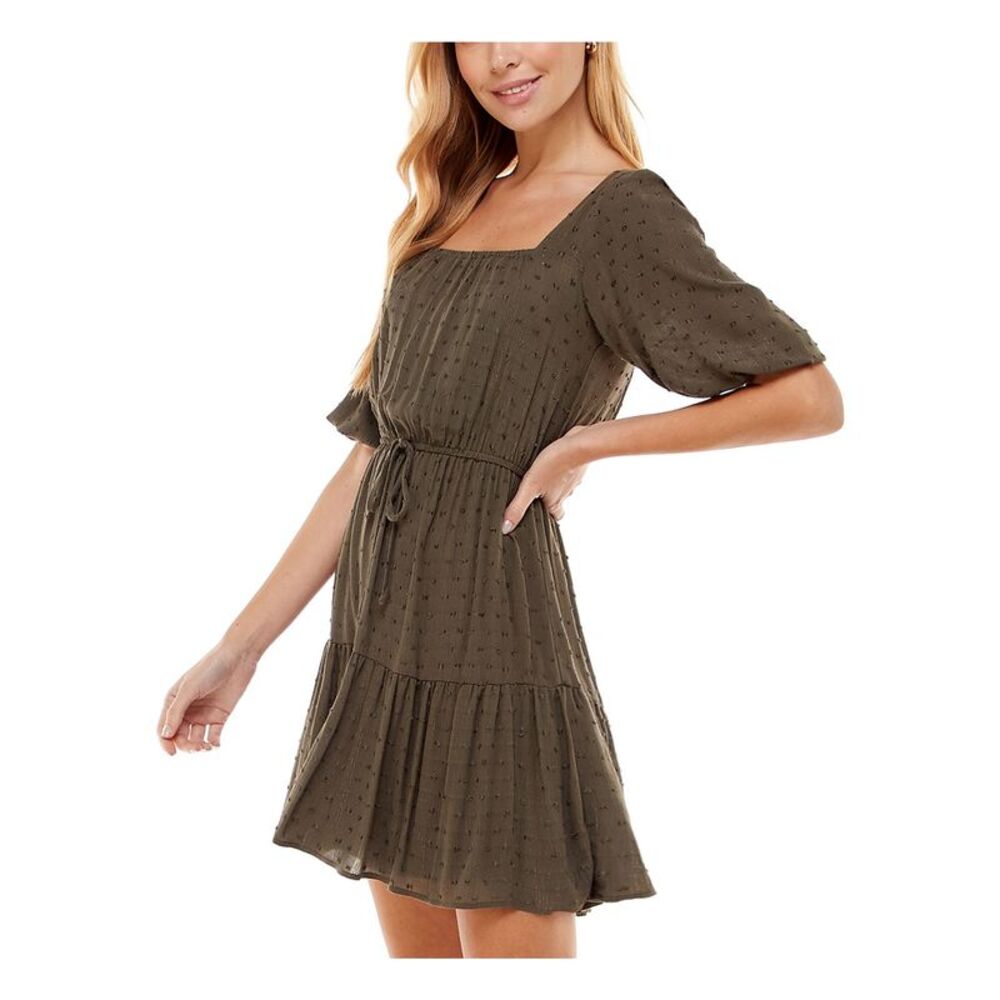 CITY STUDIO Womens Green Tie Waist Hem Elbow Sleeve Short Fit + Flare Dress M - Picture 3 of 4